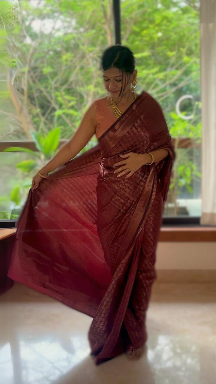 Regal Maroon Aura Kanjivaram Saree with intricate weaving for a luxurious and timeless look - Drape In A Minute Sarees