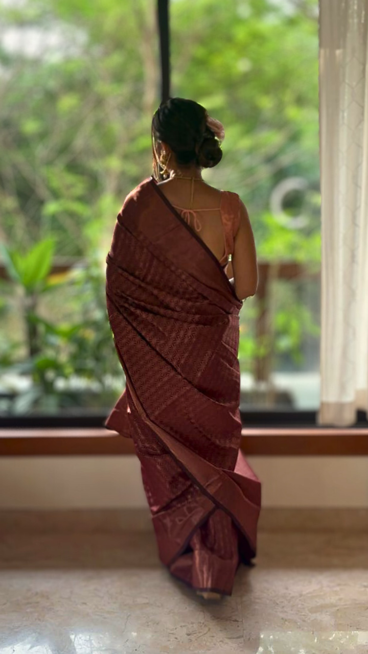 Regal Maroon Aura Kanjivaram Saree designed for weddings and celebrations with a stunning maroon hue - Drape In A Minute Sarees