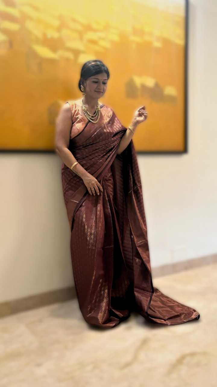 Regal Maroon Aura Kanjivaram Saree with intricate gold detailing for a stunning look - Drape In A Minute Sarees