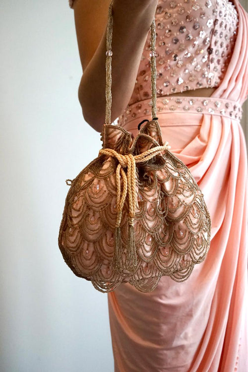 Peach Pouch Beaded Handbag with intricate beadwork, perfect for special occasions - Drape In A Minute Sarees