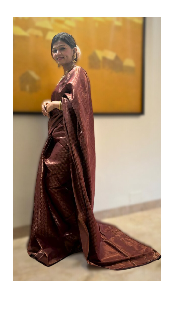 Regal Maroon Aura Kanjivaram Saree with intricate gold detailing for a stunning look - Drape In A Minute Sarees