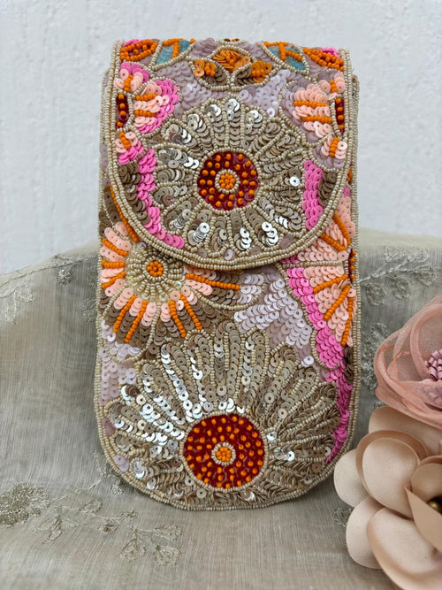 Sunburst Chic Beaded Mobile Wallet with intricate beadwork and vibrant hues for a stylish look - Drape In A Minute Sarees