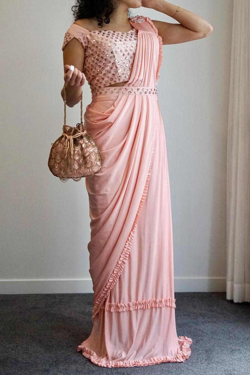 Peach Perfect Glam Pre-draped Saree with exquisite detailing for a glamorous look - Drape In A Minute Sarees