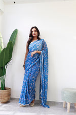 Blossom Blue Pre-draped Saree featuring soft fabric and a fresh, vibrant design - Drape In A Minute Sarees