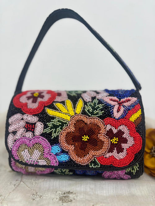 Blossom Reverie Beaded Handbag with intricate beadwork and vibrant colors - Drape In A Minute Sarees.
