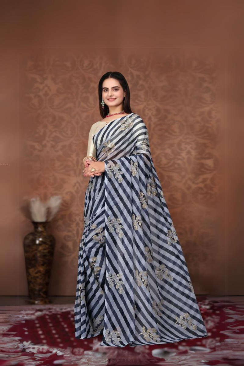 B&W Lehriya Pre-draped Saree featuring traditional lehriya patterns in black and white - Drape In A Minute Sarees.