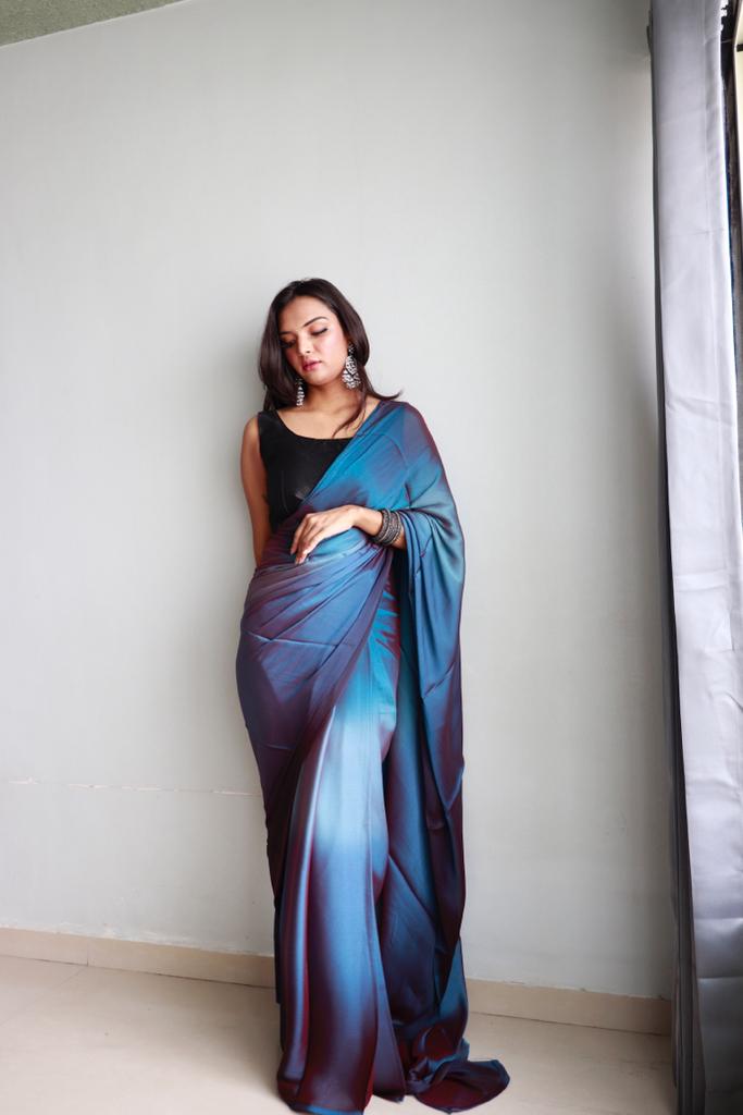 Luxury Deepsea Blue Pre-draped Saree combined with Soft Nylon Silk Saree in Blue Ombre Shades - Drape In A Minute Sarees