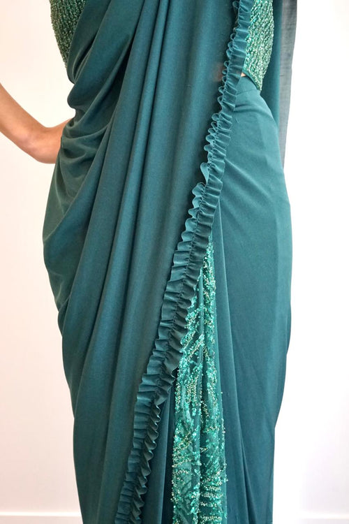 Chic Emerald Enchantment - Pre-draped Saree designed for effortless style and grace - Drape In A Minute Sarees