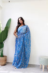 Elegant Blossom Blue Pre-draped Saree perfect for weddings and festive occasions - Drape In A Minute Sarees.