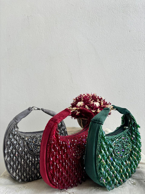 Stylish Crescent Moon - Beaded Handbag perfect for evening outings - Drape In A Minute Sarees.