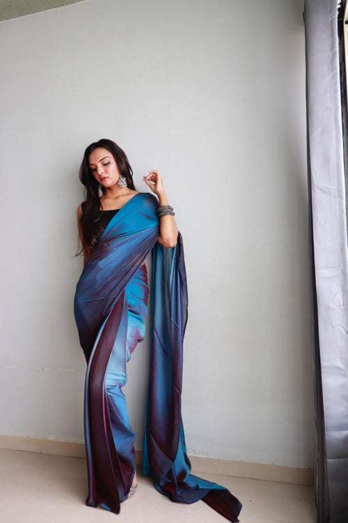 Chic Deepsea Blue Pre-draped Saree paired with Soft Nylon Silk Saree in Blue Ombre Shades - Drape In A Minute Sarees