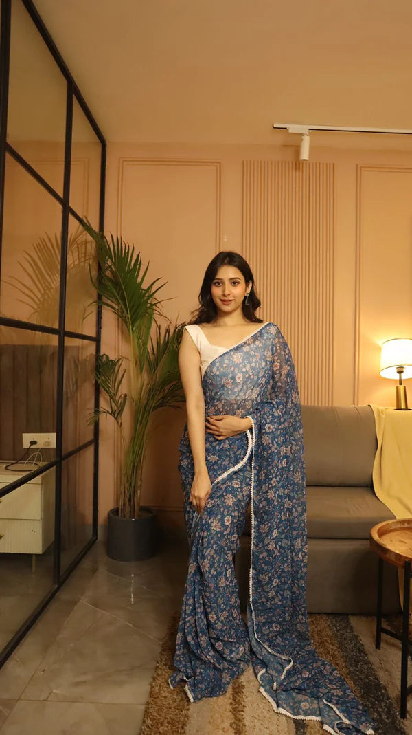 Blossom Blue Pre-draped Saree with delicate floral patterns and graceful drape - Drape In A Minute Sarees.