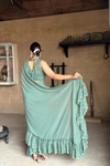 Artichoke Ruffle Pre-draped Saree showcasing soft fabric and dramatic ruffle accents - Drape In A Minute Sarees.