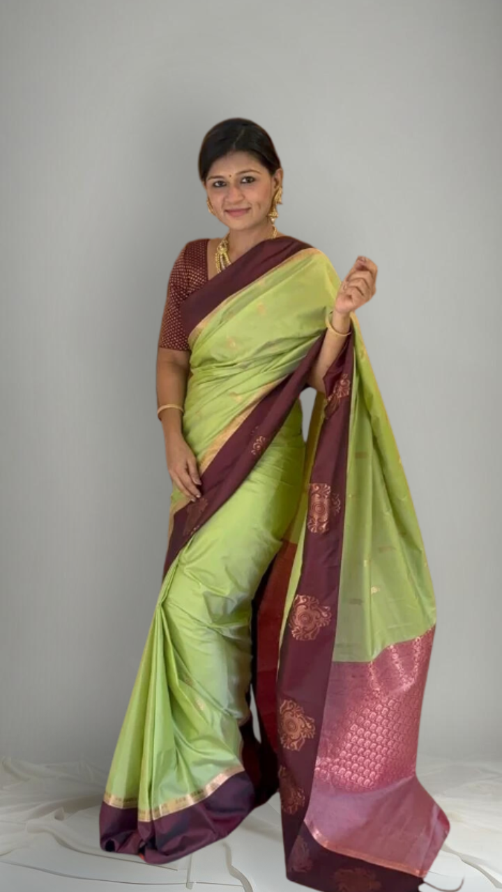 Elegant Harit Aruna Pre-draped Kanjivaram Saree with rich traditional weaving - Drape In A Minute Sarees