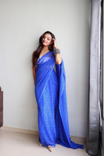 Elegant Indigo Bandhini Pre-draped Saree featuring traditional tie-dye patterns - Drape In A Minute Sarees