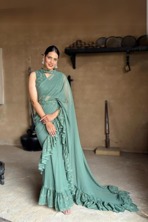 Artichoke Ruffle Pre-draped Saree with flowing layers for a glamorous look - Drape In A Minute Sarees