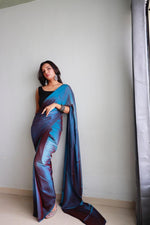 Graceful Deepsea Blue Pre-draped Saree and Soft Nylon Silk Saree in Blue Ombre Shades perfect for any occasion - Drape In A Minute Sarees.