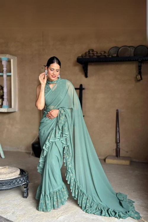 Elegant Artichoke Ruffle Pre-draped Saree perfect for festive and formal occasions - Drape In A Minute Sarees.