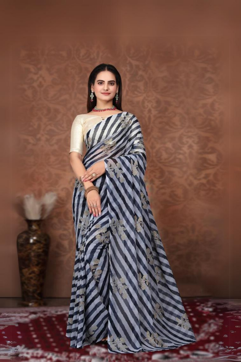 Stylish B&W Lehriya Pre-draped Saree with a modern twist on a classic design - Drape In A Minute Sarees.